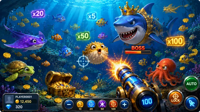 Fishing game overview with cannon small fish boss fish and treasure