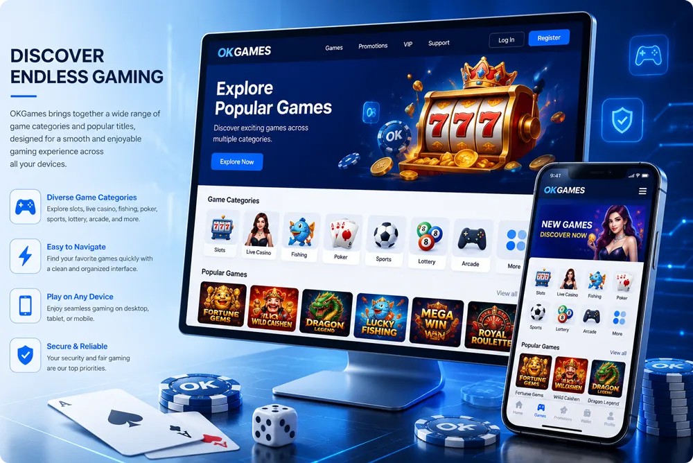Overview of different game categories available through OKGames