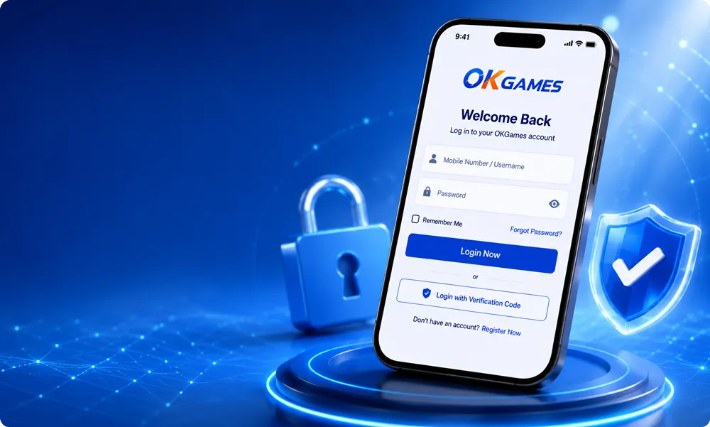 Mobile phone showing the OKGames login interface