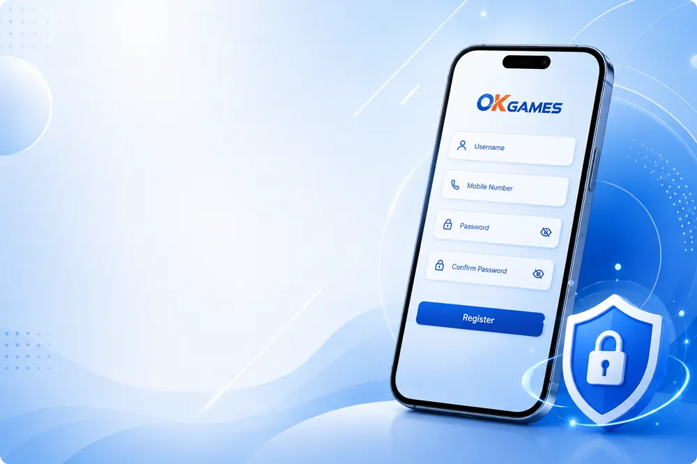 Mobile phone showing the OKGames account registration screen